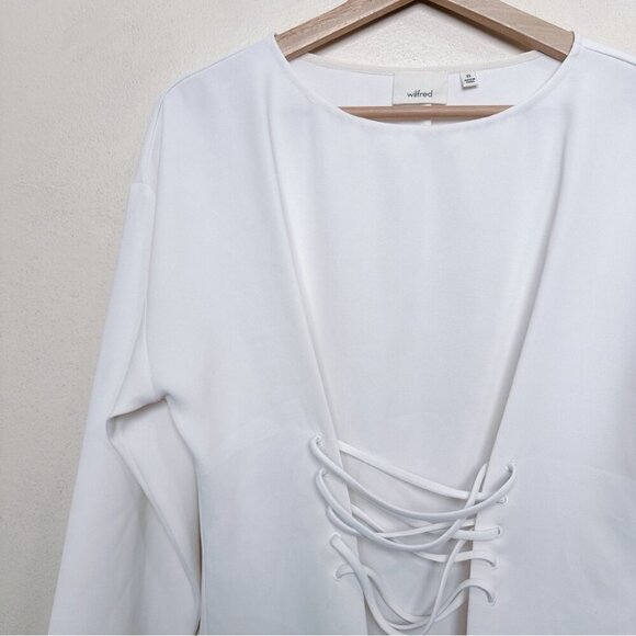 Aritzia Wilfred Womens Xsmall Mabelle Ivory Crepe Lace Up Front Blouse - Picture 7 of 14